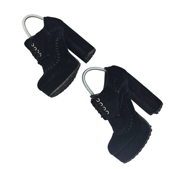 Jeffrey Campbell Pomeroy Black Velvet Platform Brogue Heel Boots 8.5 Y2K Goth - Picture 3 of 10